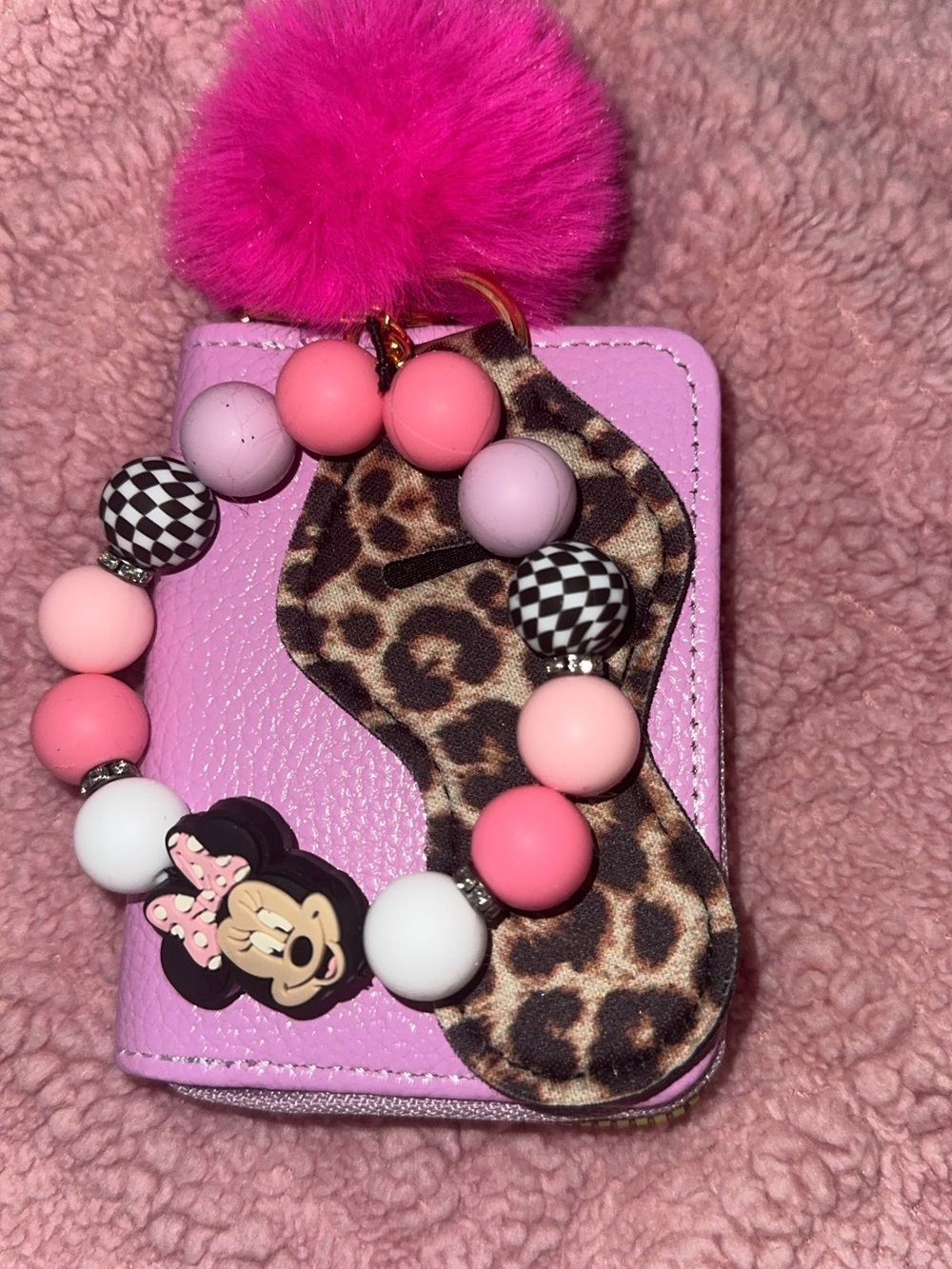 Pink Minnie Mouse Beaded Wristlet Keychain with Pom Pom